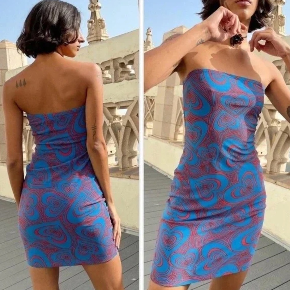Lisa Says Gah Strapless Heart Mesh Bodycon Tube Mini Dress, Blue & Red, size M